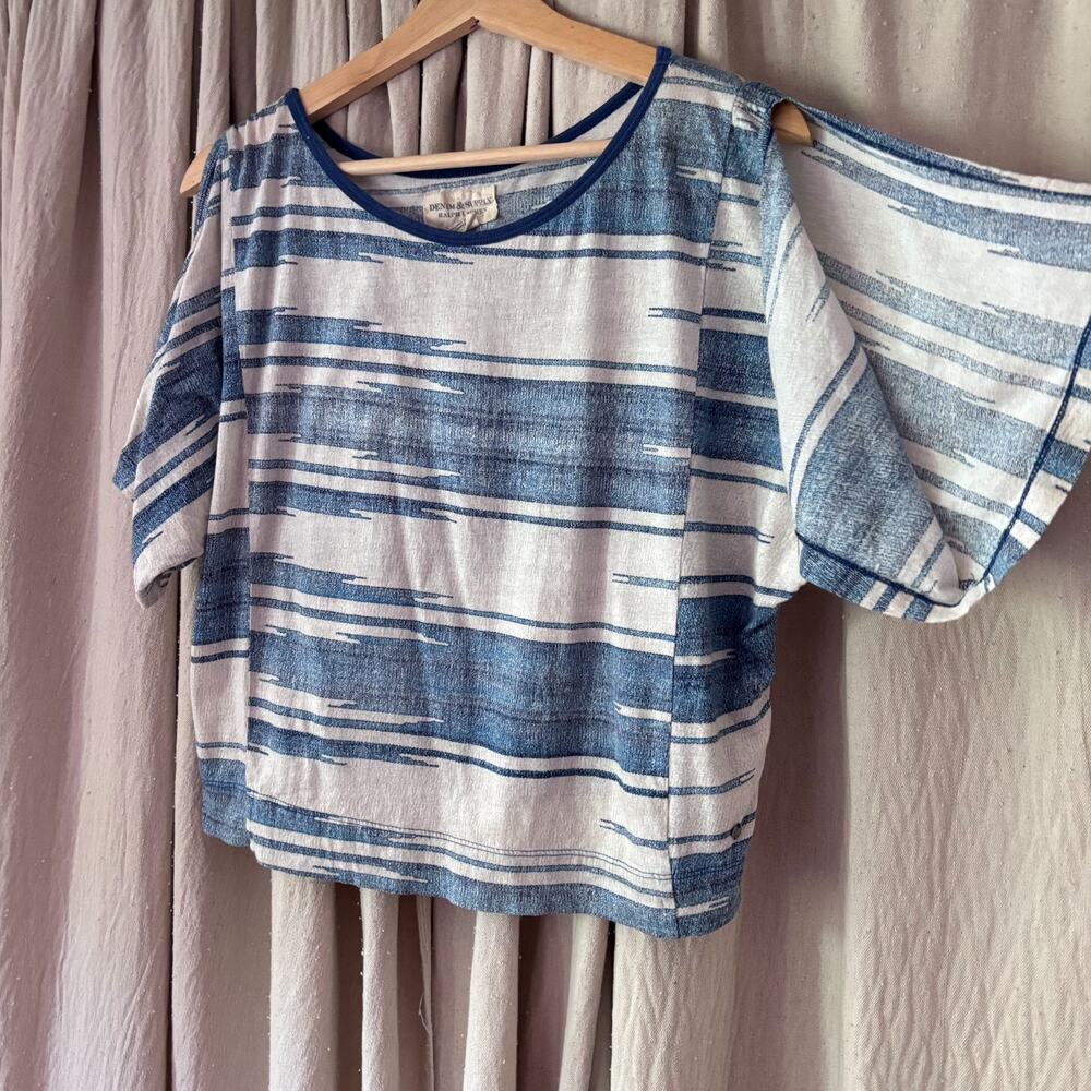 Denim & Supply Ralph Lauren Stripe Oversized Slit Shoulder Tee Blue White XS
